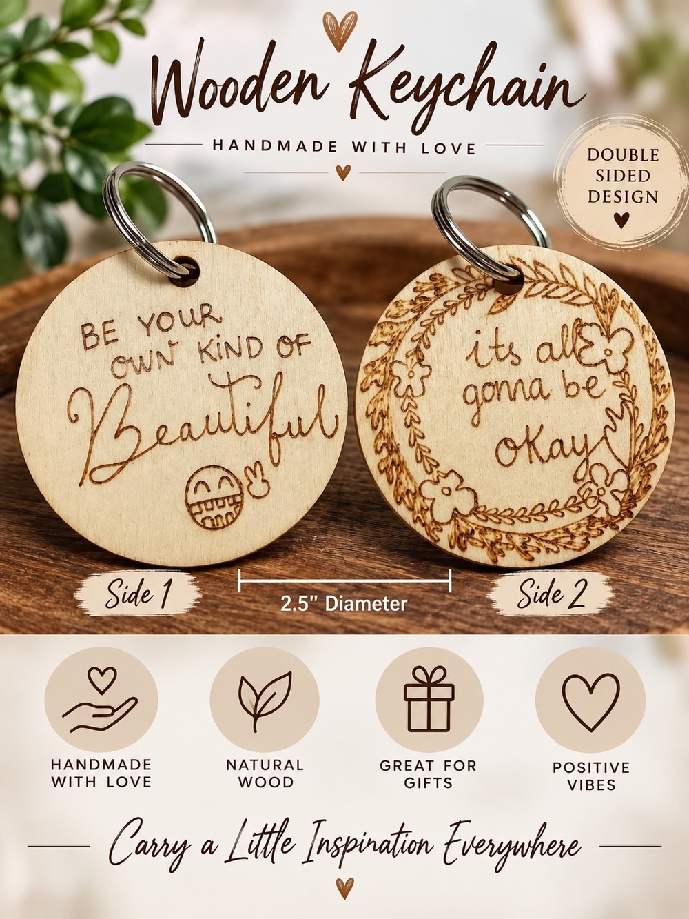 A177. Double-Sided Wooden Keychain Brown NWT